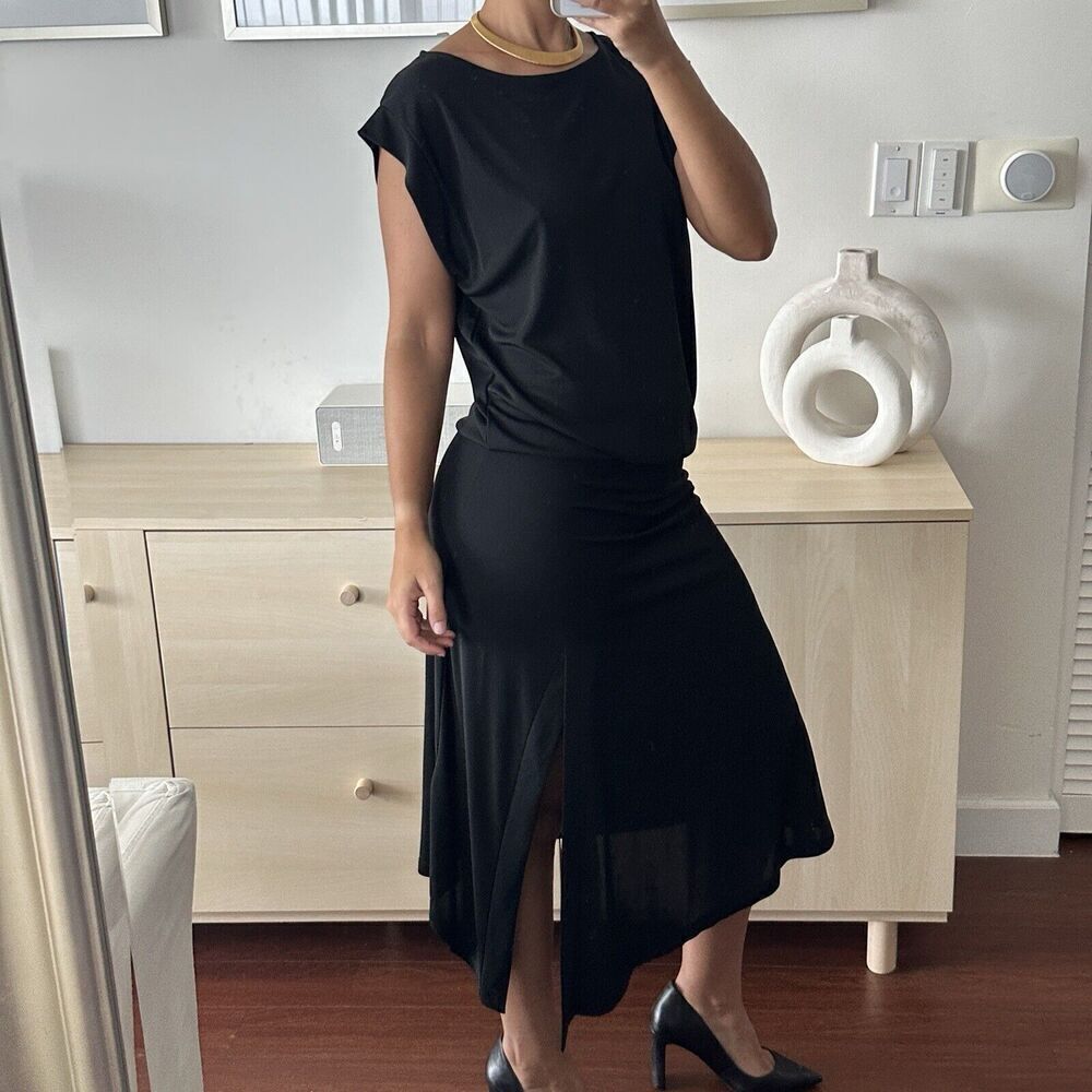 Toteme‎ Dress Womens Large Black Draped Slit Midi Crepe Drop Waist Acetate